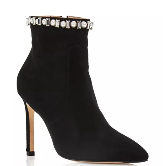 Stuart Weitzman Arista Shine Crystal Pearl Black Suede Ankle Booties Size 8.5B - Picture 3 of 16